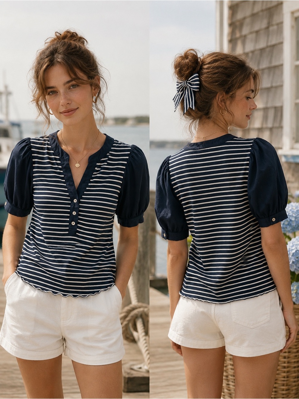 Single Thread Navy & White Coastal Preppy Nautical Cottagecore Striped Top Large